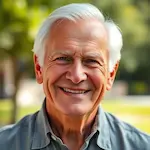 Portrait of David Thompson, 63-year-old man with distinguished white hair and warm smile