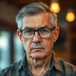 Portrait of Frank Rodriguez, 59-year-old man with short gray hair and glasses, thoughtful expression