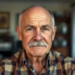 Portrait of George Patterson, 62-year-old man with distinguished mustache and kind expression