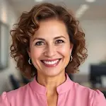 Portrait of Susan Davis, 48-year-old woman with curly brown hair and warm smile